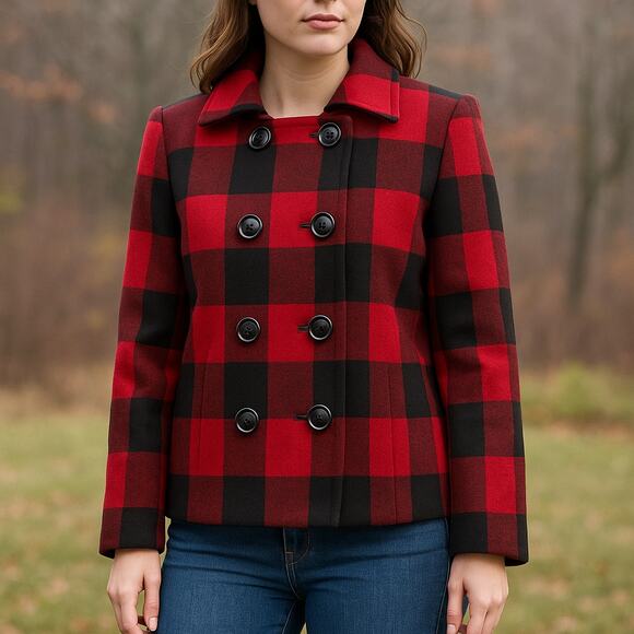 Charter Club Red Black Wool Plaid Peacoat Jacket Women’s Large Shoulder Pads - Picture 1 of 9